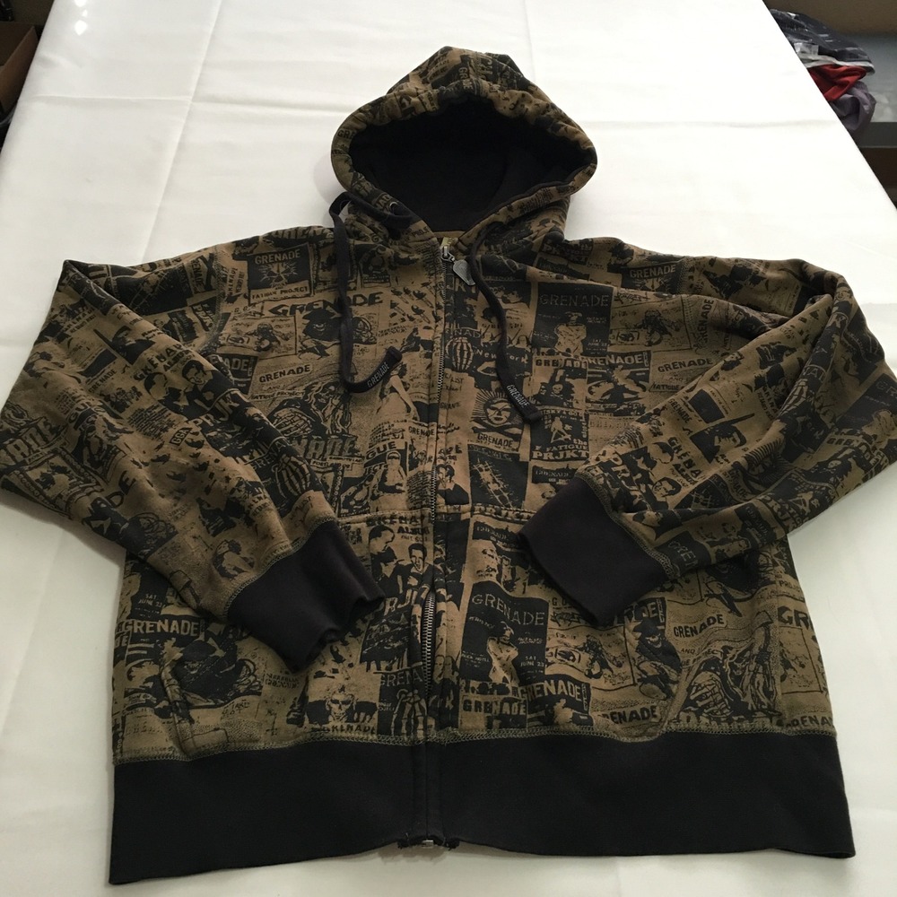 Grenade Zip Up Hoodie Small Brown Graphic Print All Over Sweatshirt